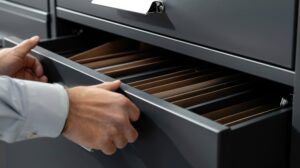 Reopen a personal injury claim-person opening filing cabinet drawer.